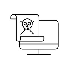 Concept of computer bug or virus, cyber security and hacking. Outline thin line flat icon. Isolated on white background. 