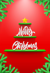 Christmas card with lettering and tree shaped shelves on red background with Christmas fir tree branches