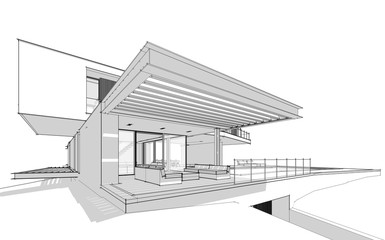 3d rendering of modern cozy house on the hill with garage and pool for sale or rent.  Black line sketch with soft light shadows on white background.