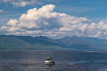 The boat floats on Lake Baikal