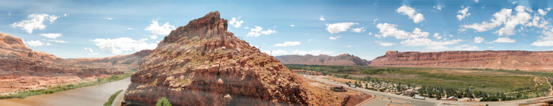 Colorado River near Moab, Utah. Arches National Park gateway, aerial view from drone at sunset