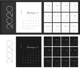 Calendar for 2020 year vector illustration. Basic grid colorful design. Organizer template in black, blue and red colors, Business planner, organizer with flipboard text and numbers layout