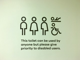 A sign indicates that all genders and disabilities can use the toilet facilities.Image