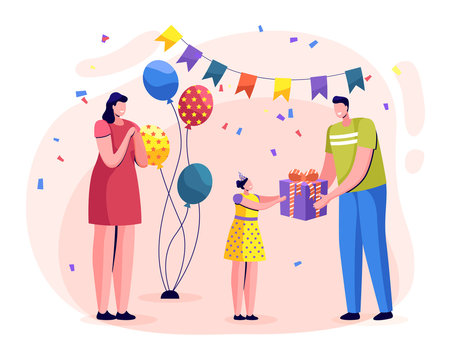 Family celebrating girl birthday together, happy child. Mother and father give presents to daughter. Party decoration like colorful balloons and paper garland of flags. Vector illustration in flat
