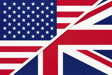 USA vs Great Britain national flag from textile. Relationship, between american and european countries.