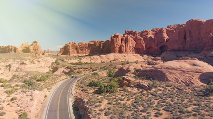 Arches National Park, Utah. Amazing aerial view of arches and mountains on a beautiful sunny day