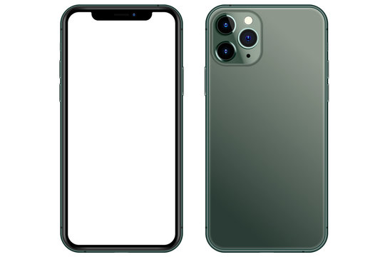 Anapa, Russian Federation - November, 23, 2019: New Midnight Green Iphone 11, Front and back side.  Smartphone mock up with white screen. Illustration for app, web, presentation, design.