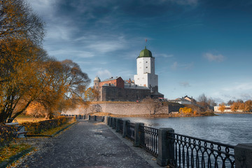 the tower of St. Olav of the Vyborg castle on the island on a sunny autumn day