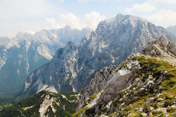 Fototapeta na wymiar View to Triglav National Park mountains from Mala Mojstrovka peak, Slovenia