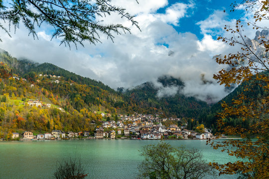 Panoramic view of the Lago di  Alleghe lake in the italian Dolomites