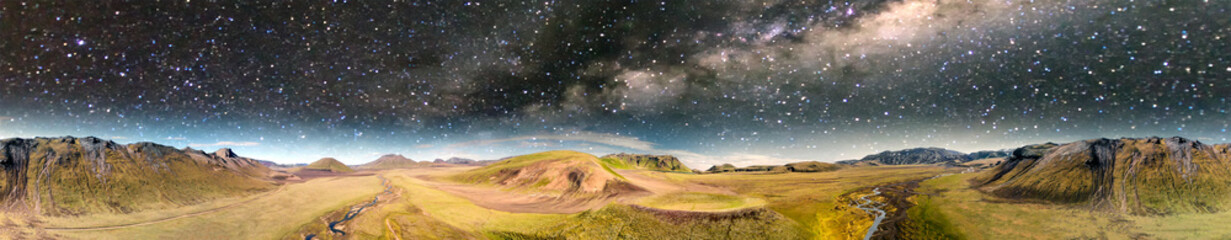 Amazing landscape of Landmannalaugar magnificent highlands at night in summer season, aerial view from drone, Iceland © jovannig