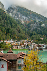 Panoramic view of the Lago di  Alleghe lake in the italian Dolomites