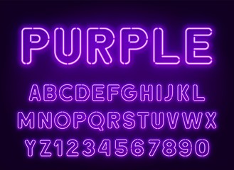 Neon rounded purple font, glowing alphabet with numbers. on a dark background.