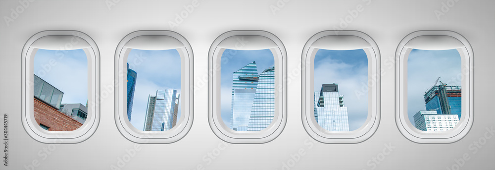 Poster Beautiful scenic city view of New York through the aircraft windows