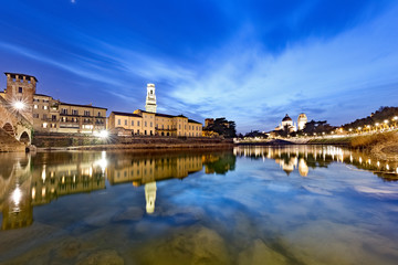 Verona: the Santa Maria Matricolare Cathedral and the San Giorgio in Braida Church seen from the river Adige. Verona, Veneto, Italy, Europe.