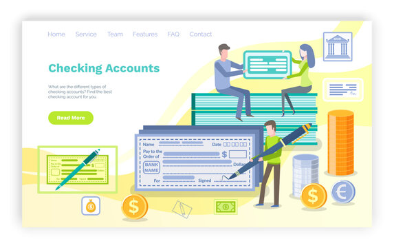 Checking account vector, man with pen ready to sign check with personal information, transaction of money. Banking system and banking of people. Website or webpage template, landing page flat style