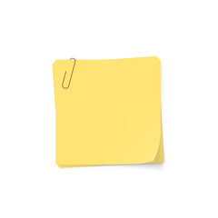 Vector set of 3 yellow note papers with red paperclip. Realistic sticky notes with copy space isolated on white. Blank paper can be used as a background or template for your own projects. Eps 10.