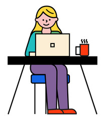 Working woman, isolated female character using laptop for work. Student learning new info from online courses. Secretary with cup of coffee or tea on table. Business person or freelancer vector