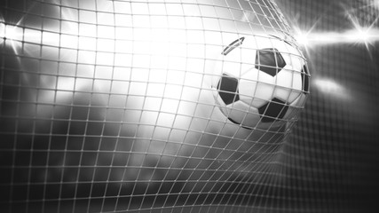 A soccer ball flies into the goal against the background of stands. 3d render. The effect of the old black and white shooting.