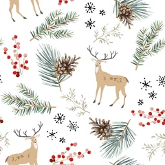 Behang Kerstmis naadloos patroon, witte achtergrond. Bos schattige hertendieren, groene sparren, dennentakjes, kegels, bessen, sneeuwvlokken. Vector illustratie. Natuur ontwerp. Seizoens groet. Winter kerstvakantie © ojardin
