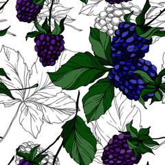 Blackberry healthy food. Black and white engraved ink art. Seamless background pattern. Fabric wallpaper print texture.