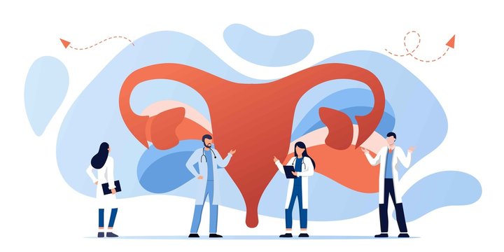 Gynecology, Female Health. Uterus, Ovary And Womb. Medical Treatment. Endometriosis, Endometrium Dysfunctionality, Endometriosis Treatment Concept. Doctor Make Uterus Examination. For Banner, Web Page