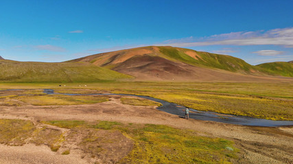 Amazing landscape of Landmannalaugar magnificent highlands in summer season, aerial view from drone, Iceland