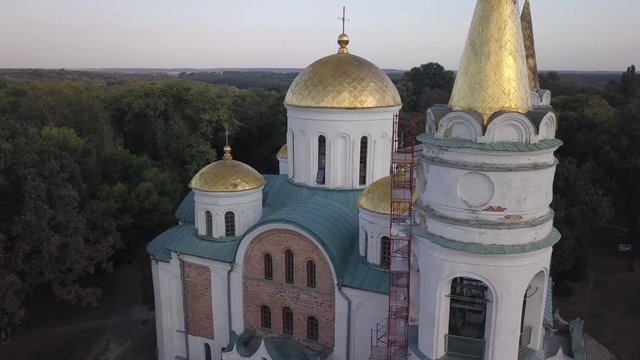 Aerial view to Transfiguration Cathedral oldest building in Chernihiv, Ukraine, One of the few surviving buildings of pre-Mongol Rus