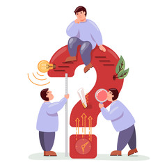 Color, flat, vector illustration with three people and a question.