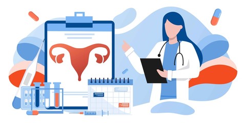 Gynecology, female health. Uterus, ovary and womb. Medical treatment. Endometriosis, endometrium dysfunctionality, endometriosis treatment concept. Doctor make uterus examination. For banner, web page