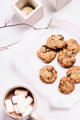 Christmas cranberry and chocolate oatmeal cookies and mug of cocoa with marshmallow on white background decorated branches and candles. Selective focus