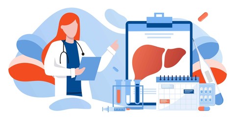Doctors treat the liver. Liver disease, hepatitis A, B, C, D, cirrhosis, world hepatitis day. For web banners, brochure cover and flyer template. Healthcare, doing medical research concept