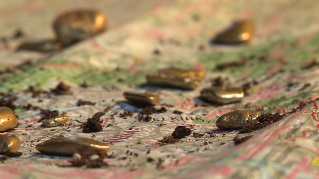Close-up focus defocus of Gold nuggets spread all over on a map with a compass. Alberta, Canada. 60fps