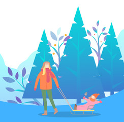 Mother walking with daughter near spruce on winter holidays. Mom going with kid sitting on sleigh, people leisure near fir-tree and snowfall weather. Parent and child wearing scarf and hat vector