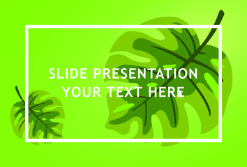 Slide presentation vector template elements with tropical leaves ornament. Exotic botanical design background. 