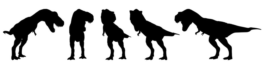 Tyrannosaurus rex ( T-rex ) is walking and snarling . Silhouette design . Set of various dinosaur posture . Vector . © stockdevil