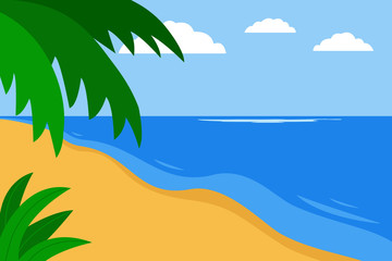 Fototapeta na wymiar South sea coast, beach, seashore, landscape summer. Sea, sand, palm leaves. Vacation by sea, relaxing on beach. Vector illustration