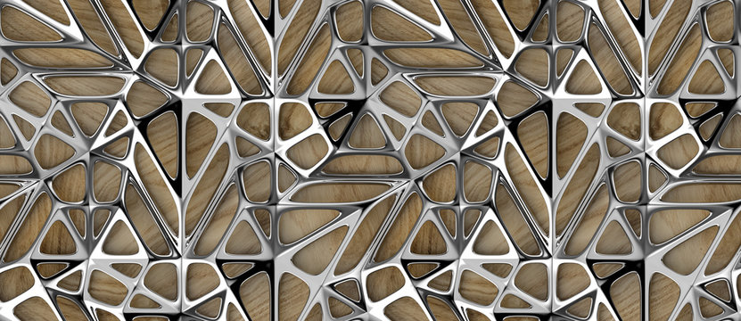 3d Silver Lattice Tiles On Wooden Oak Background