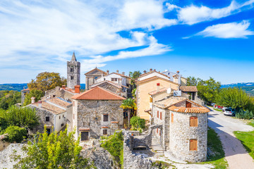 Beautiful old town of Hum in Istria, Croatia, aerial view from drone