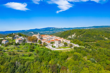 Fototapeta na wymiar Beautiful old town of Hum in Istria, Croatia, aerial view from drone