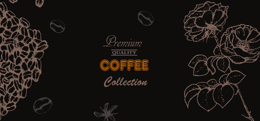 Coffee illustration. Hand drawn vector banner. Coffee beans, flowers.