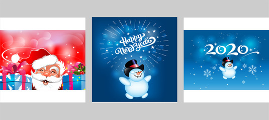 Christmas cards for your design. Three cute images with happy Santa Claus and a merry snowman on blue. Happy snowman wishes You a Happy New Year 2020. Templates for: greeting card, posters, banners