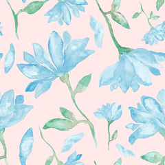 Blue big flowers watercolor painting - hand drawn seamless pattern with blossom on pink background