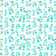 Spring, summer green eucalyptus leaves seamless pattern. Watercolor hand drawn eucalyptus background. Perfect for fabric, covers, textile, wallpaper. wrapping papper  with eycalyptus branches. 