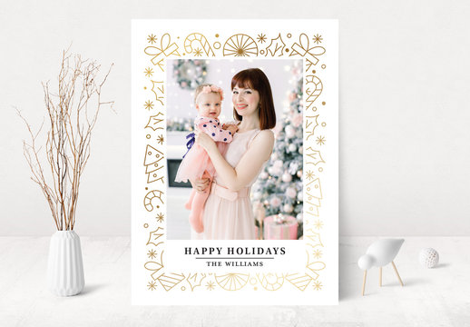 Happy Holidays Photo Card Layout with Gold Elements