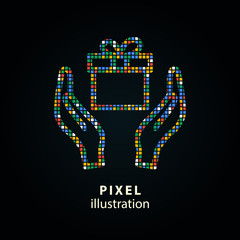 Gift box - pixel icon. Vector Illustration on black background.