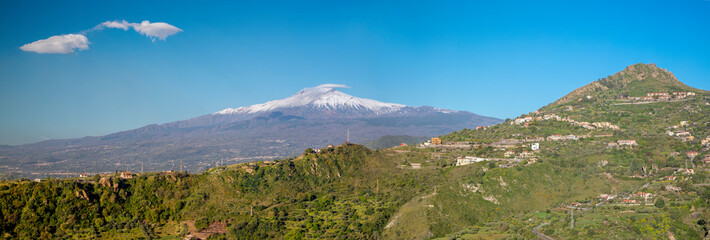 Fototapeta na wymiar Taormina - The Mt. Etna volcano over the Sicilian landscape.