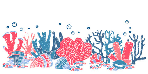 Composition with stylized corals in a row. Color cartoon hand drawn vector illustration
