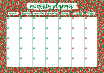 Cute monthly planner for 2020 year on Christmas tree pattern background. A4 printable open date calendar design. Template vector illustration.
