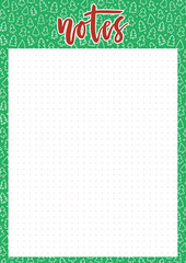 Cute A4 template for notes with lettering and Christmas trees background. Vector printable organizer and schedule with dotted page. Trendy self-organization concept illustration for 2020.